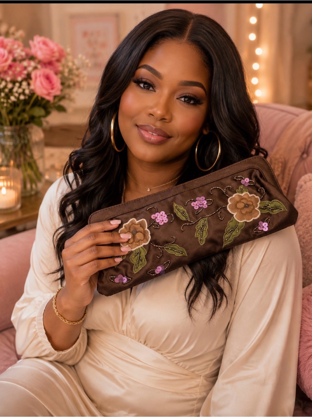 Embroidered Floral Brown Wristlet Clutch